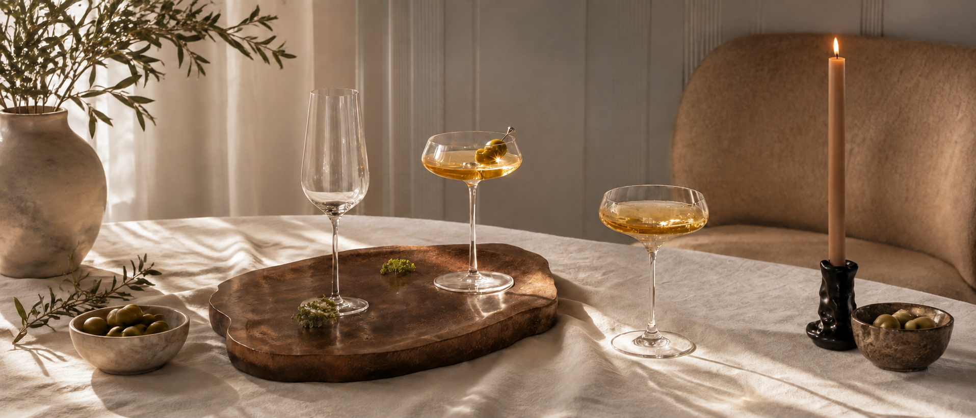 Elegant table setting with glassware and warm candlelight