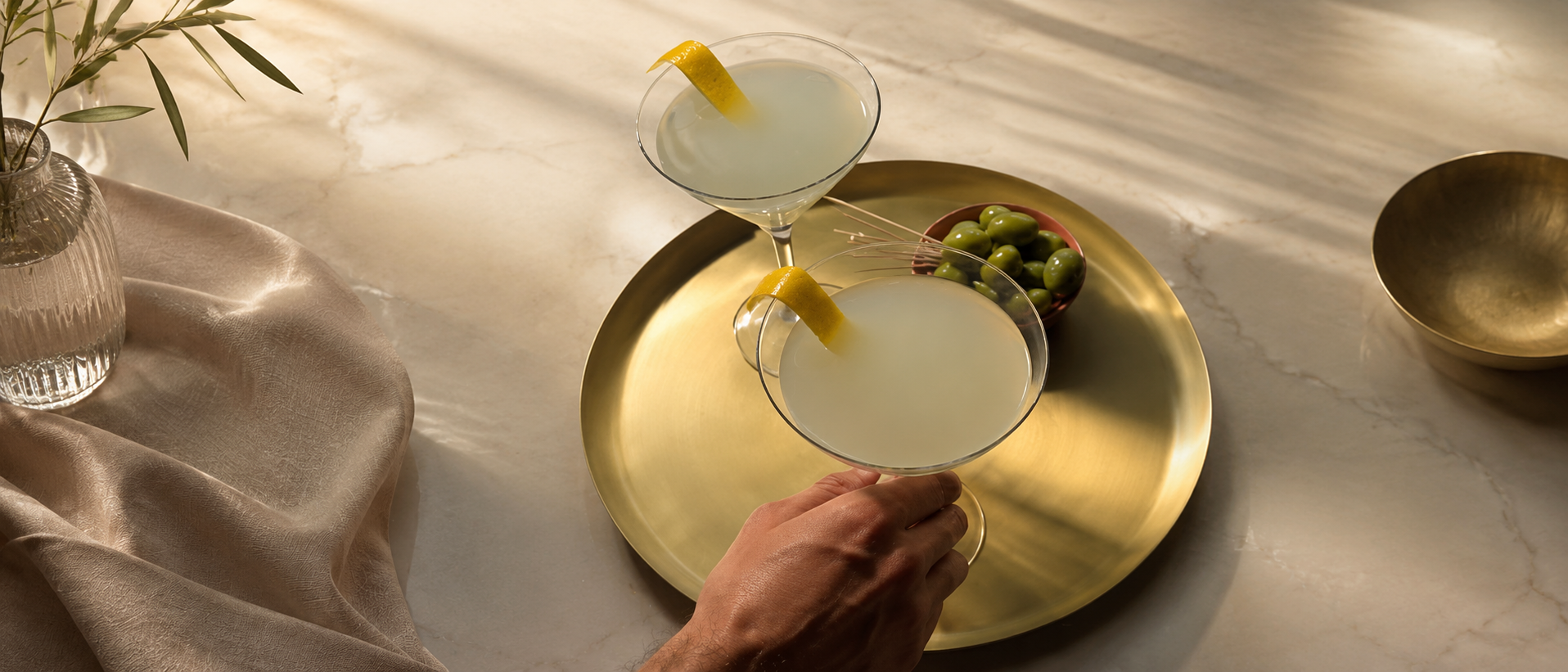 Glassware and table pieces arranged for relaxed gatherings